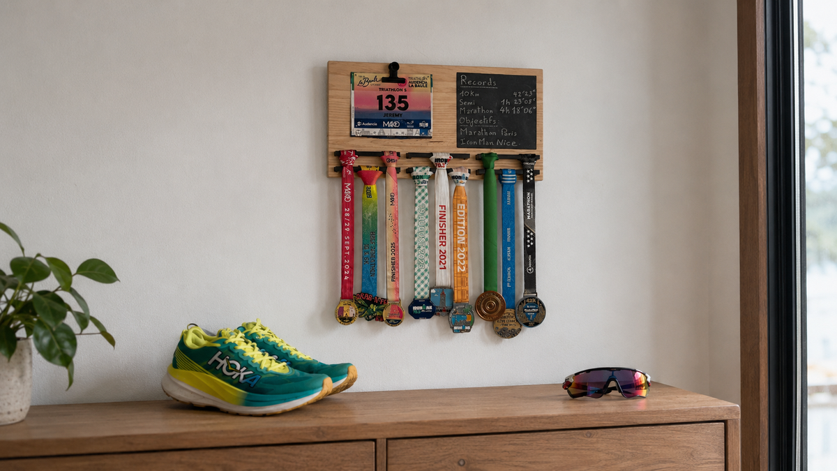 Coin running chez soi avec médailles de course, dossards et support mural
