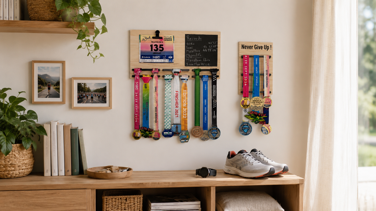 Mur de médailles running élégant avec médailles, dossards et souvenirs de course dans un intérieur moderne