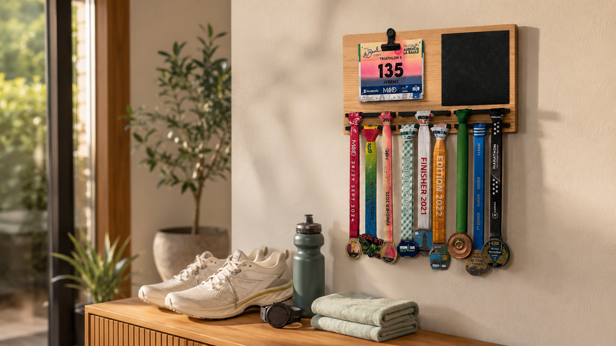 Porte-médailles personnalisé en bois avec médailles de course et dossard exposés dans un intérieur moderne
