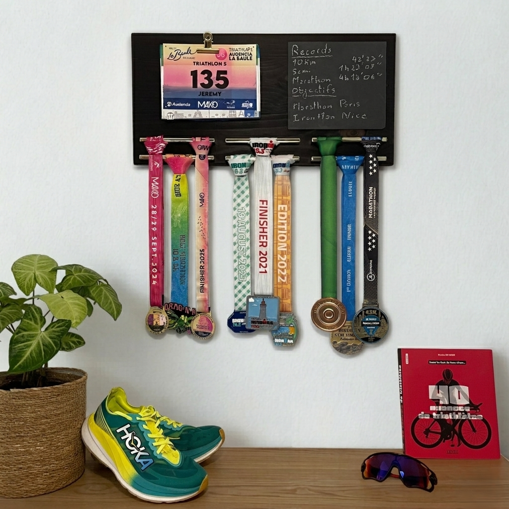 Support mural pour médailles et dossards de running, triathlon, trail et marathon